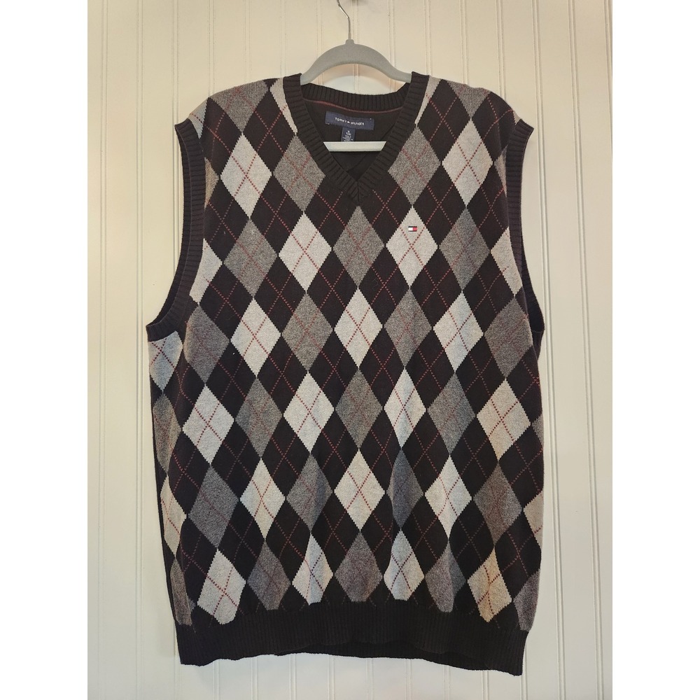 Tommy Hilfiger Mens XL Argyle Sweater Vest Black Grey Cotton V-Neck Knit Top